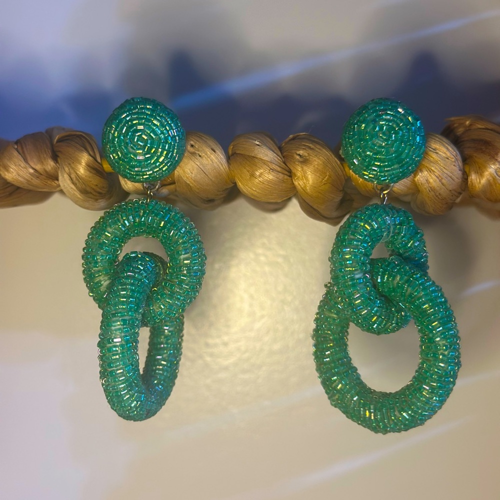 Green Beaded Statement Earrings - image 5